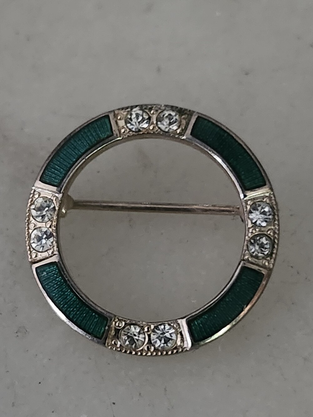Beautiful Green Enamel & Crystal Circle Brooch - Vintage